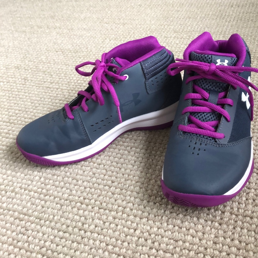 Purple, and grey girl under armor basketball shoes